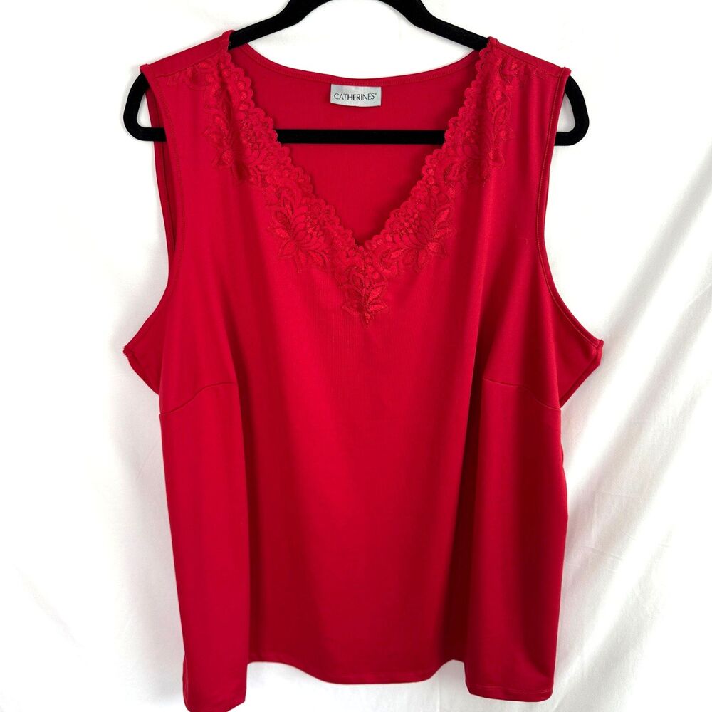 Catherines Women's Tank Top Size 3X Red w/Lace Trim V-Neck Sleeveless